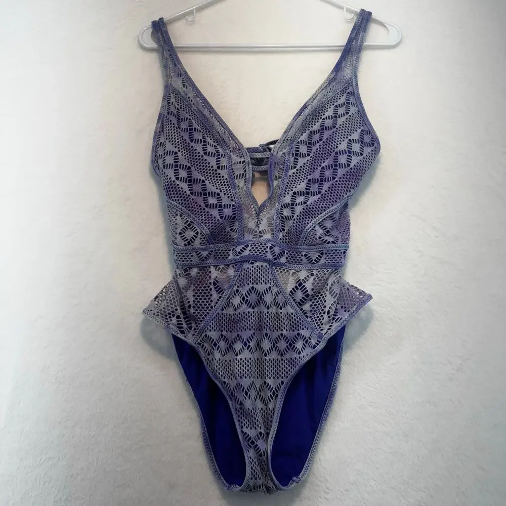 BECCA by Rebecca Up‎ In The Clouds One Piece Swimsuit Size M Purple Blue Mesh
